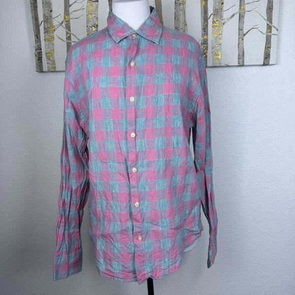 Bonobos Linen Blend Long Sleeve Button Down Dress Shirt Pink Blue Plaid Medium - Picture 1 of 6